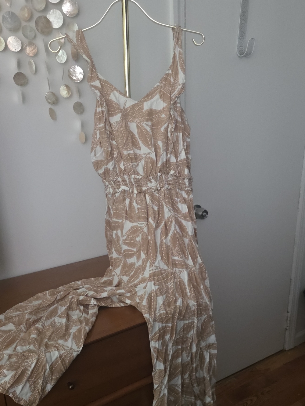 LOFT Beige and White Leaf-Print Jumpsuit